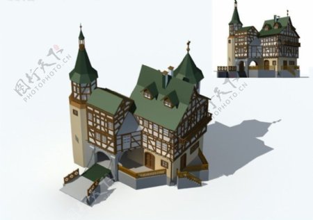 现代不规则塔式欧式建筑3D模型图