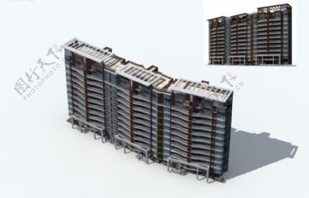 现代栅栏顶高层住宅建筑3D模型图