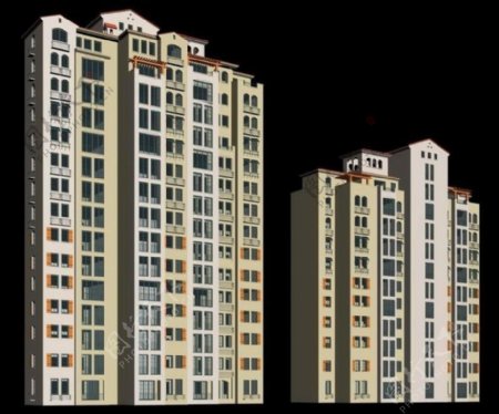 现代三联排阁楼式高层建筑群3D模型