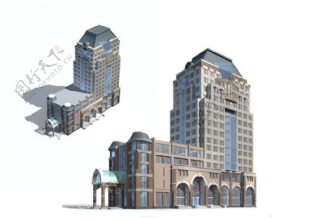 欧式反L形多层公建建筑3D模型