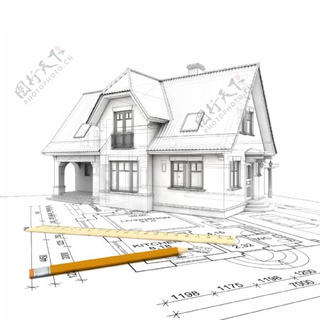 线描3D房子模型和建筑图纸