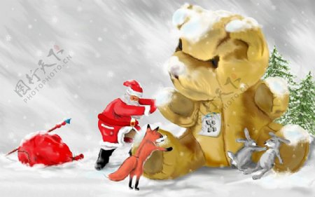 位图插画圣诞节圣诞老人狐狸免费素材