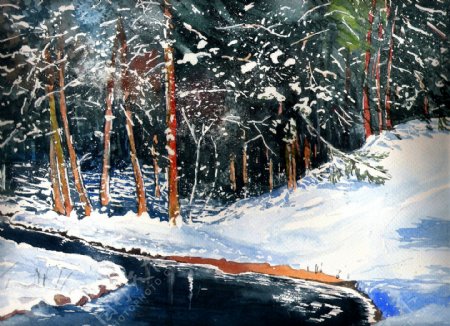 油画冬天溪流图片
