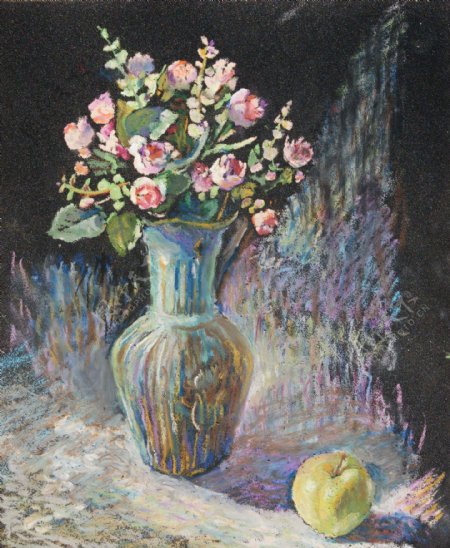 粉红玫瑰与苹果油画