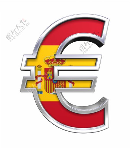西班牙国旗的欧元符号银白色隔离