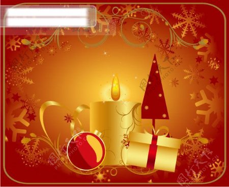 矢量圣诞节丝带挂球雪花花纹雪花花边金色MerryChristmas蜡烛礼物圣诞树矢量素材