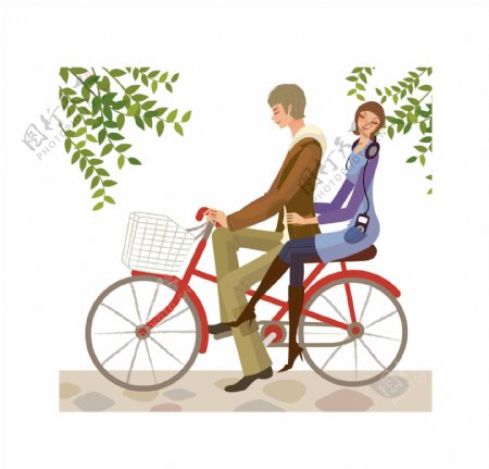 一对恋人幸福的自行车约会矢量图片