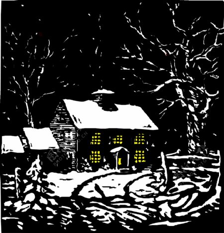 矢量单色木板风景图画雪夜树林中的温暖光明