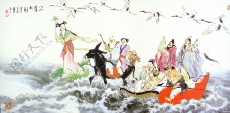 八仙过海中国风水墨画