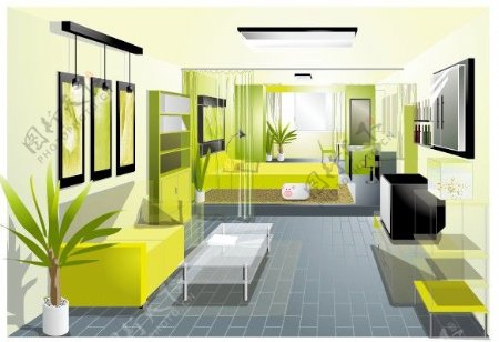 一款绿色清新的客厅设计效果图矢量素材