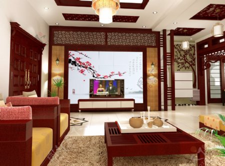 红色中国风客厅中式室内装修