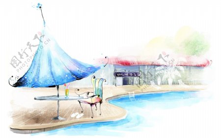 韩风手绘水彩插画夏天泳池