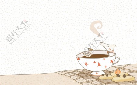 小狗小鸡在碗里快乐洗澡淡彩手绘风格插画