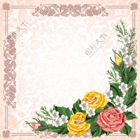 欧式花纹边框鲜花花卡玫瑰图片