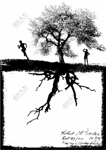 大树与人物剪影矢量素材图片