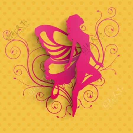 三八妇女节贺卡或海报以黄色背景的舞姿女孩粉红色的silhoustte设计