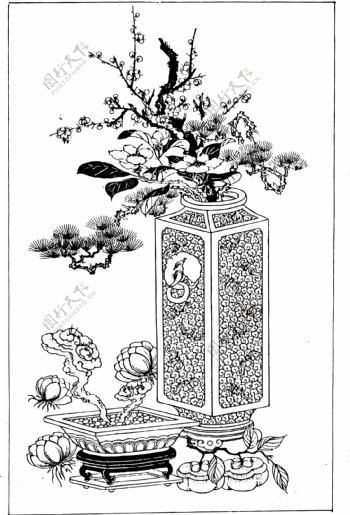 古典素材中国画古代盆花矢量图