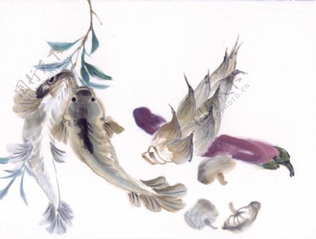 水墨画蔬菜中国风鱼篮子中华艺术绘画
