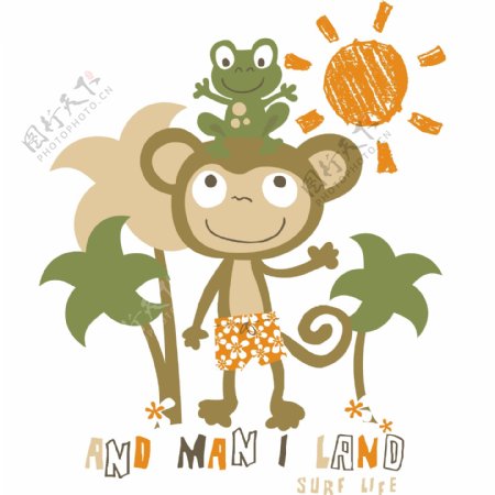 印花矢量图男童可爱卡通动物小猴子免费素材