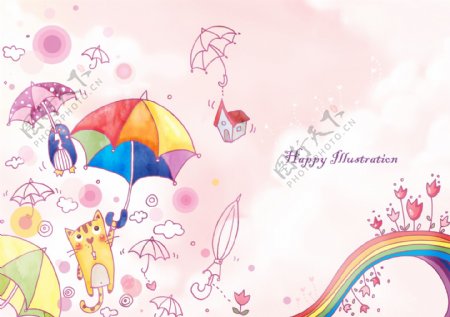 打着彩色雨伞的小猫插画
