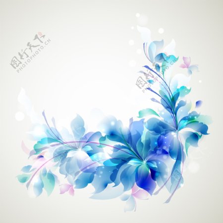 奇异的蓝色花与蝴蝶矢量背景