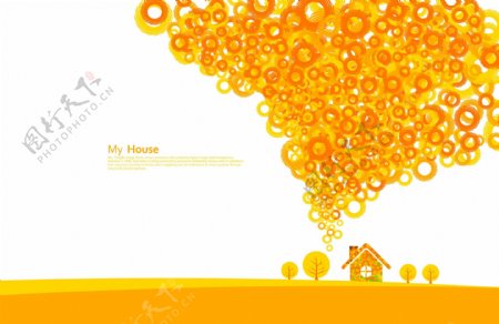 黄色抽象烟雾和房屋