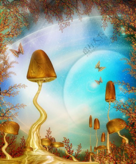 童话背景影楼背景蘑菇蝴蝶红叶图片