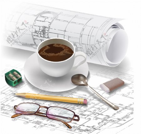 建筑工程图咖啡办公用品图片