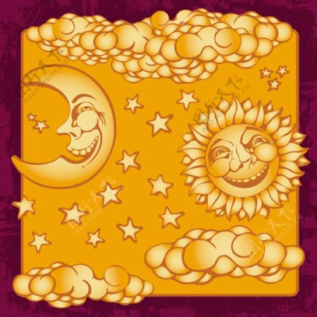 可爱的太阳月亮和星星装饰背景矢量素材