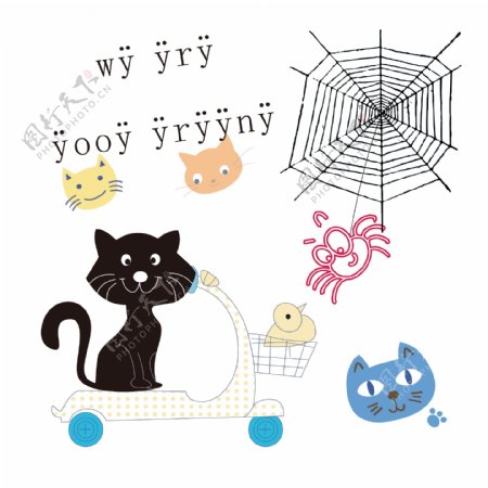 印花矢量图婴童卡通动物猫网卡通文字免费素材