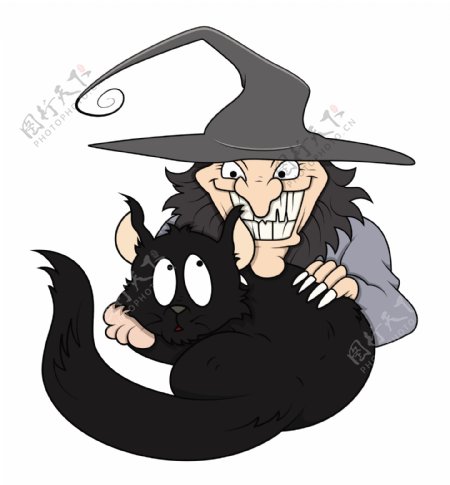 黑猫在有趣的邪恶女巫的武器万圣节插画矢量
