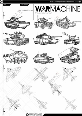 画线的战斗机和坦克矢量素材