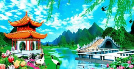 亭桥风景画图片