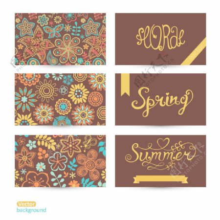 三水平的名片夏季横幅花卉图案矢量集丰富多彩的花卉装饰的可爱字体把你卡背面信息向量集