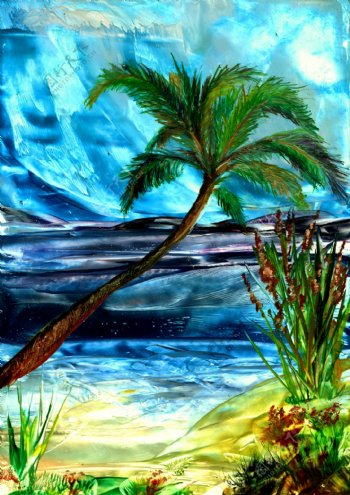 油画海岸椰树图片