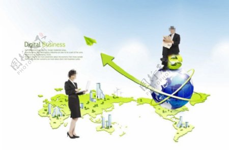 绿色世界地图上的地球和商务人物