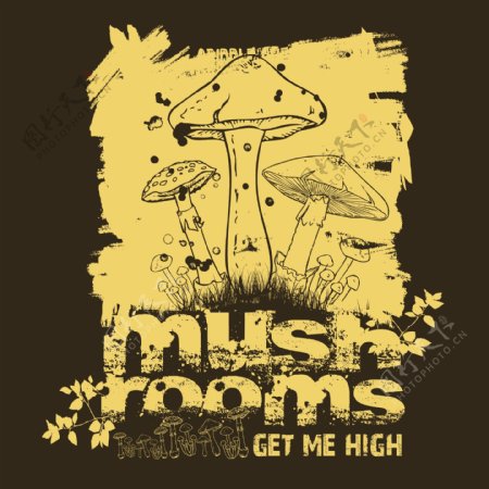 印花矢量图T恤图案蘑菇英文色彩免费素材