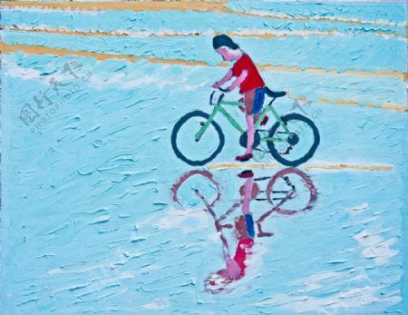 儿童自行车油画图片