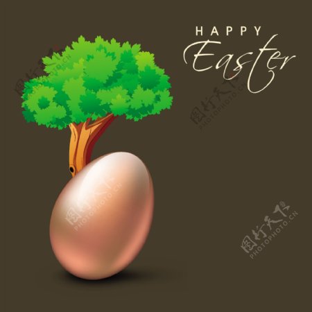 复活节快乐的背景或卡在绿色背景下树闪闪发亮的铜蛋