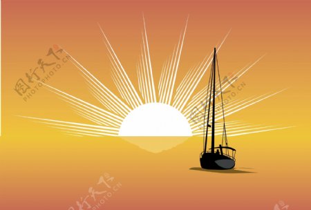 海上日落帆船剪影矢量素材