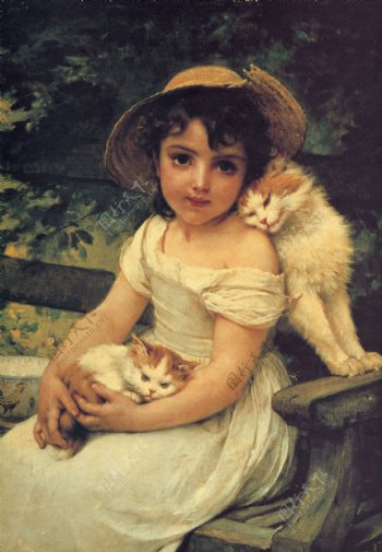 抱猫女孩油画图片