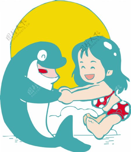 和海豚握手的小女孩