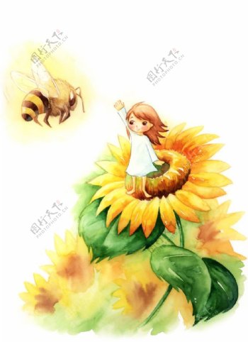 卡通蜜蜂向日葵与小女孩PSD