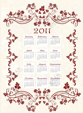 2011年花纹边框日历矢量素材