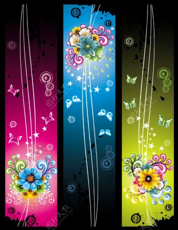 竖形花纹蝴蝶banner与时尚花朵卡片矢量素材