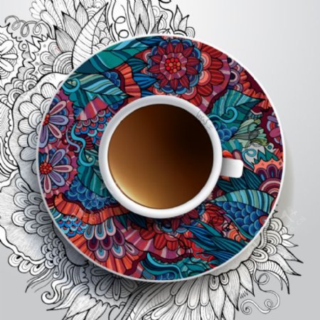 花纹碟子与咖啡矢量素材