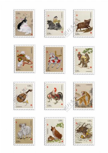 12生肖刺绣图案邮票矢量素材