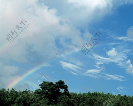 自然景观晴空彩虹蓝天白云草原树