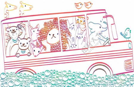 可爱儿童手绘公车动物