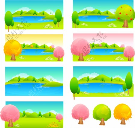 彩色树木与湖水矢量素材